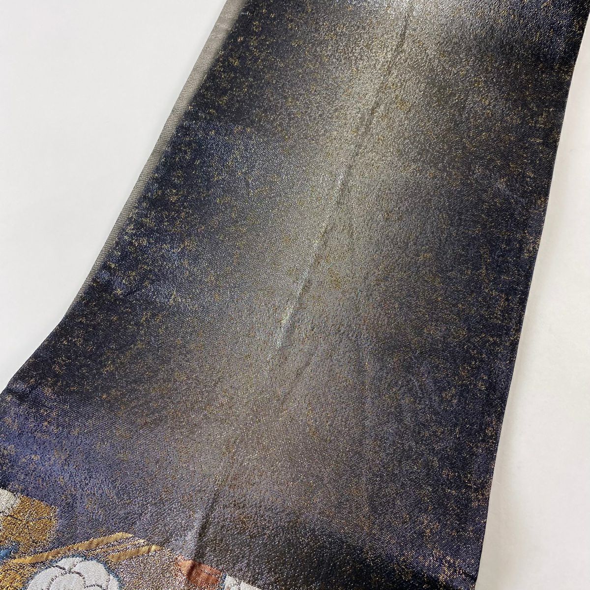 【美品】 袋帶 秀品級 草花紋紋 橋 金金箔 深藍 六通 純蠶絲