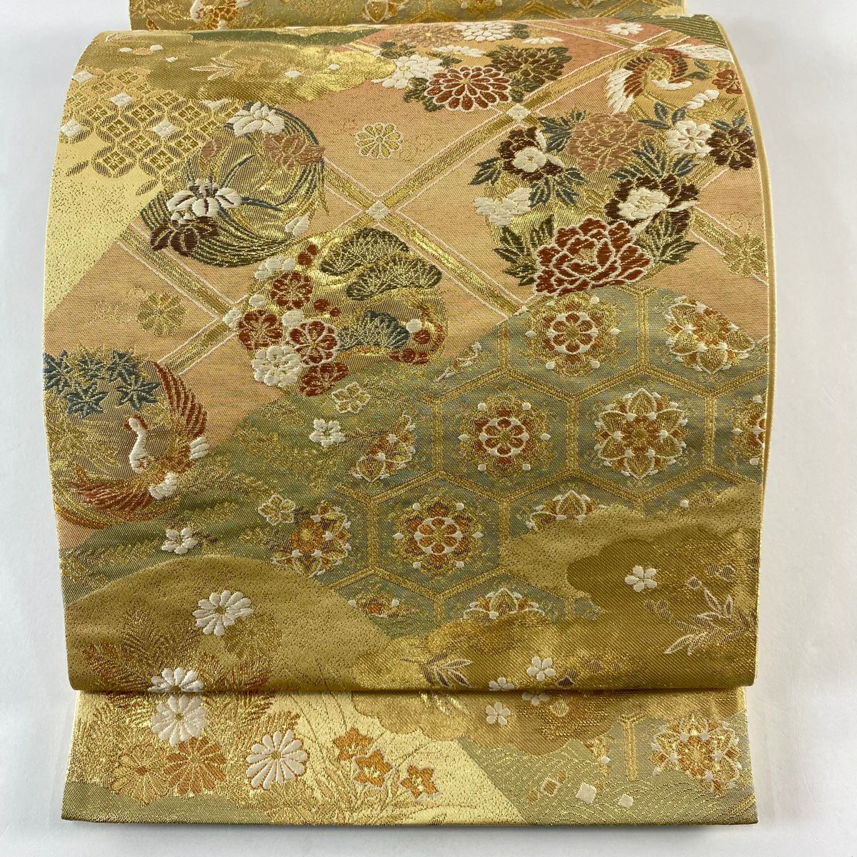 【美品】 袋帶 秀品級 花丸紋 雲紋 金絲 金金箔 金 六通 純蠶絲
