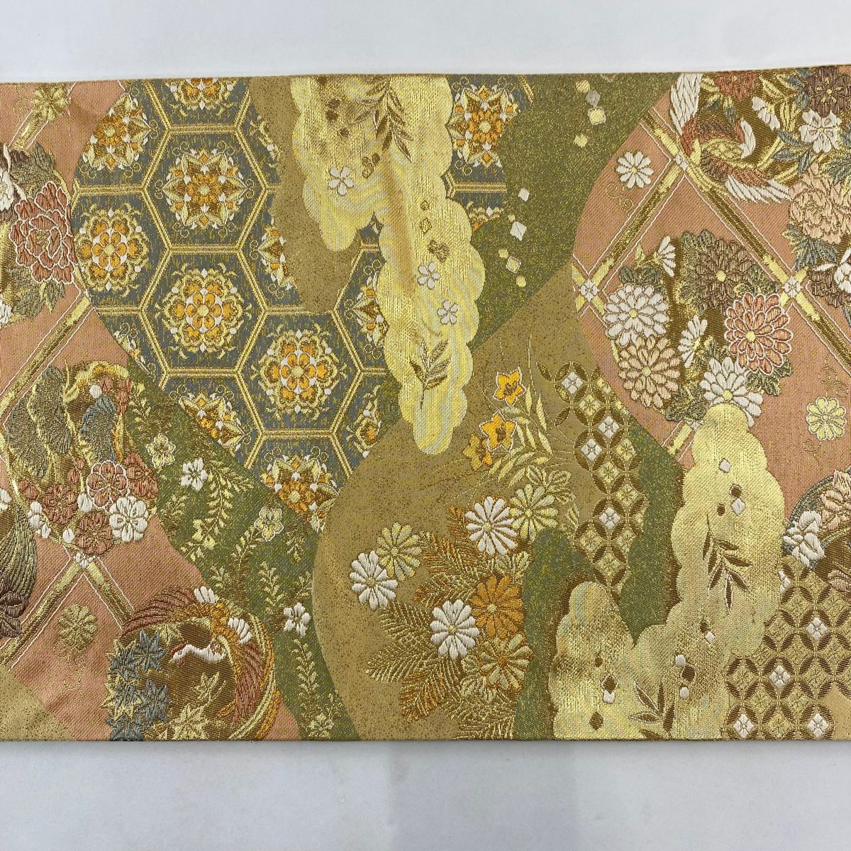 【美品】 袋帶 秀品級 花丸紋 雲紋 金絲 金金箔 金 六通 純蠶絲