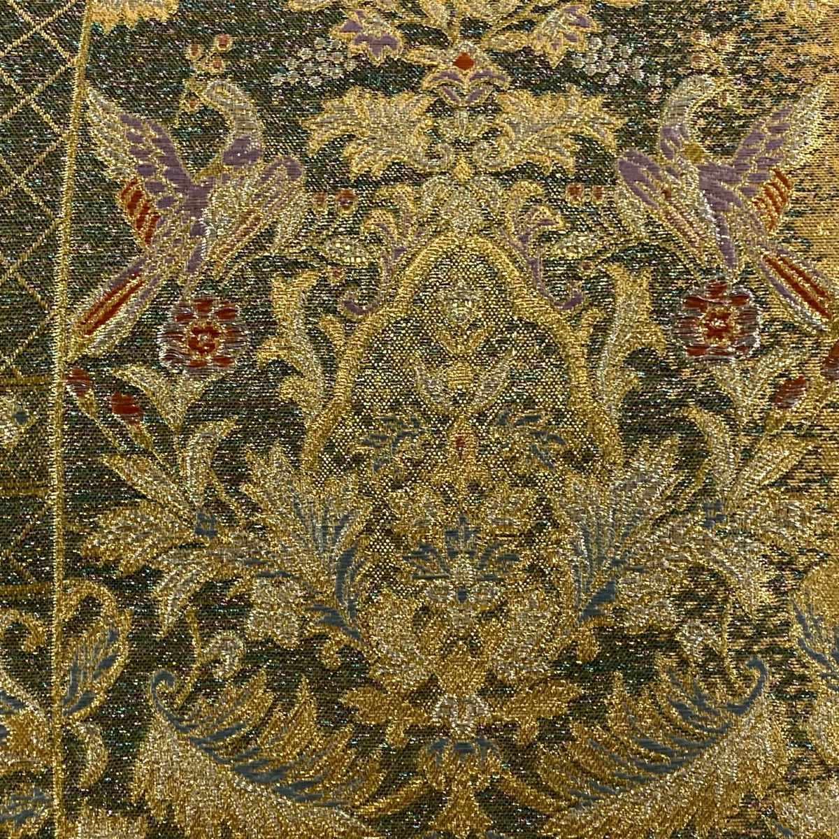 【美品】 袋帶 秀品級 草花紋紋 鳥 金銀線 金金箔 金色 六通 純蠶絲