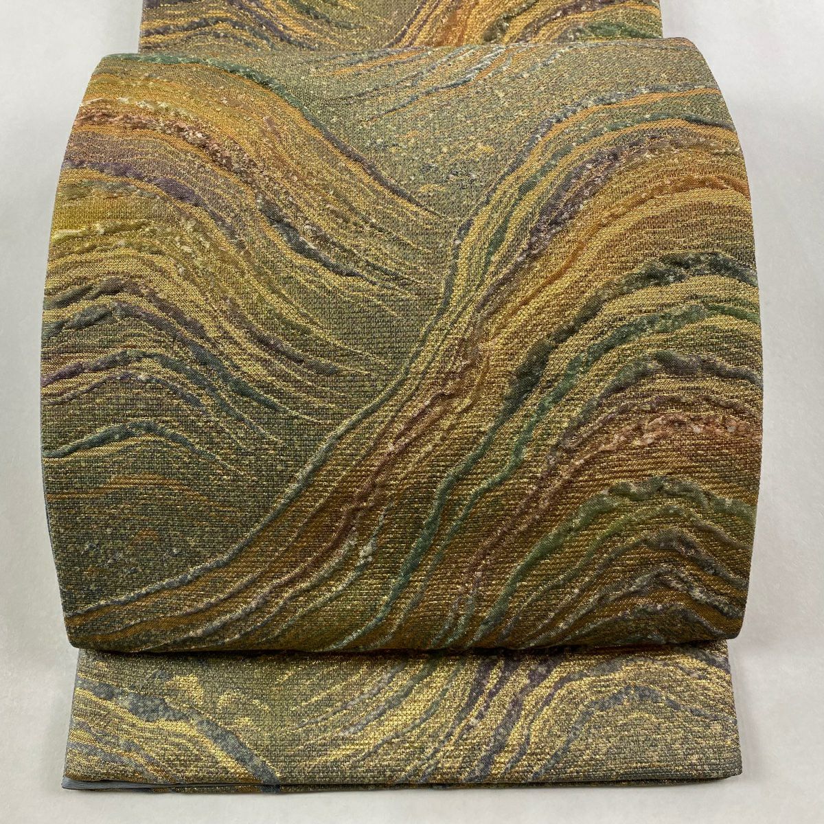 【美品】 袋帶 秀品級 附落款 幾何學 金絲 金金箔 金色 大鼓圖案 純蠶絲