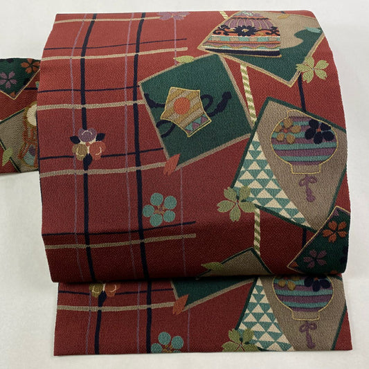【美品】 名古屋帶 秀品級 番傘 鼓 縮緬 金彩裝飾 紅茶 純蠶絲