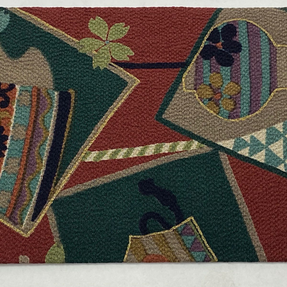 【美品】 名古屋帶 秀品級 番傘 鼓 縮緬 金彩裝飾 紅茶 純蠶絲