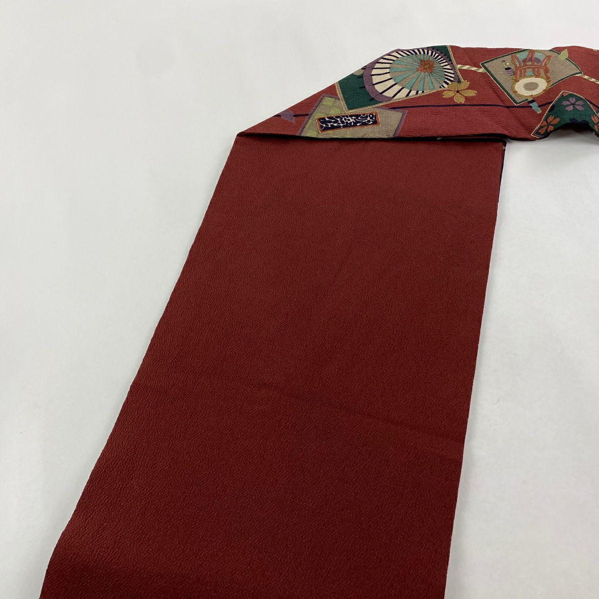 【美品】 名古屋帶 秀品級 番傘 鼓 縮緬 金彩裝飾 紅茶 純蠶絲