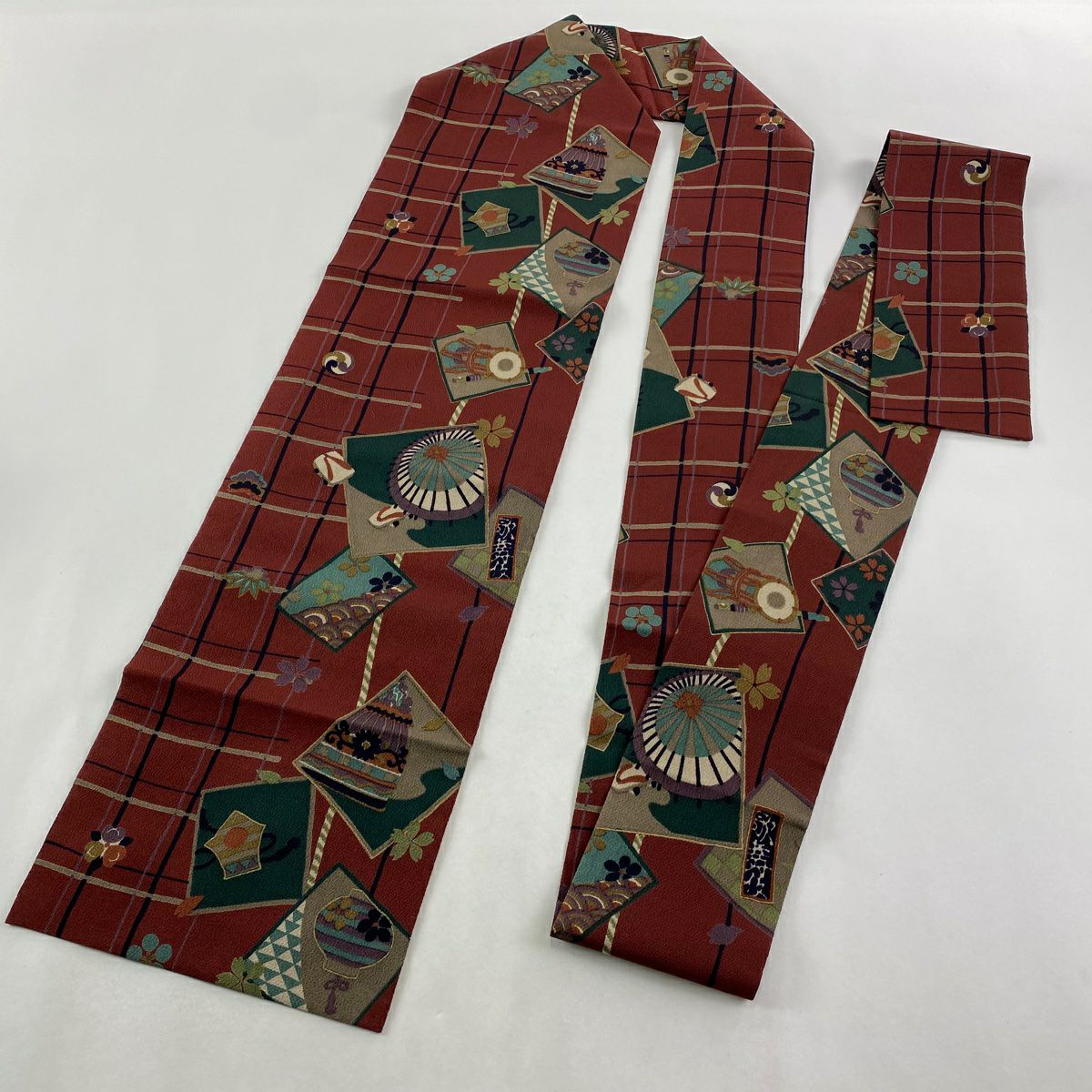 【美品】 名古屋帶 秀品級 番傘 鼓 縮緬 金彩裝飾 紅茶 純蠶絲