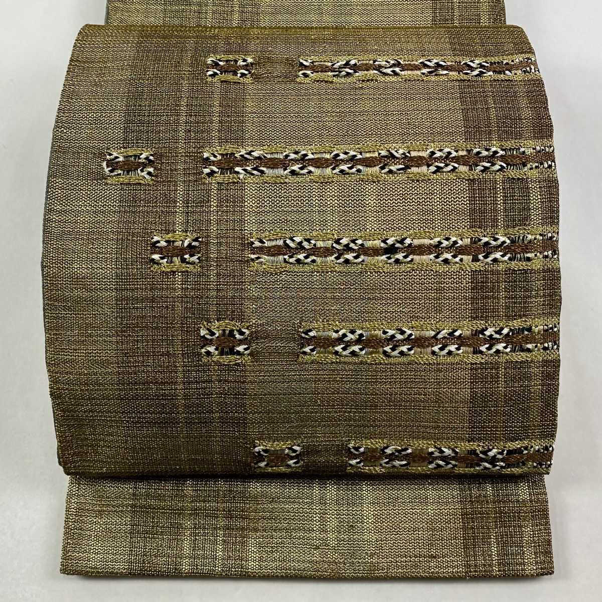 【美品】 袋帶 秀品級 段紋 幾何學 金絲 金茶 大鼓圖案 純蠶絲