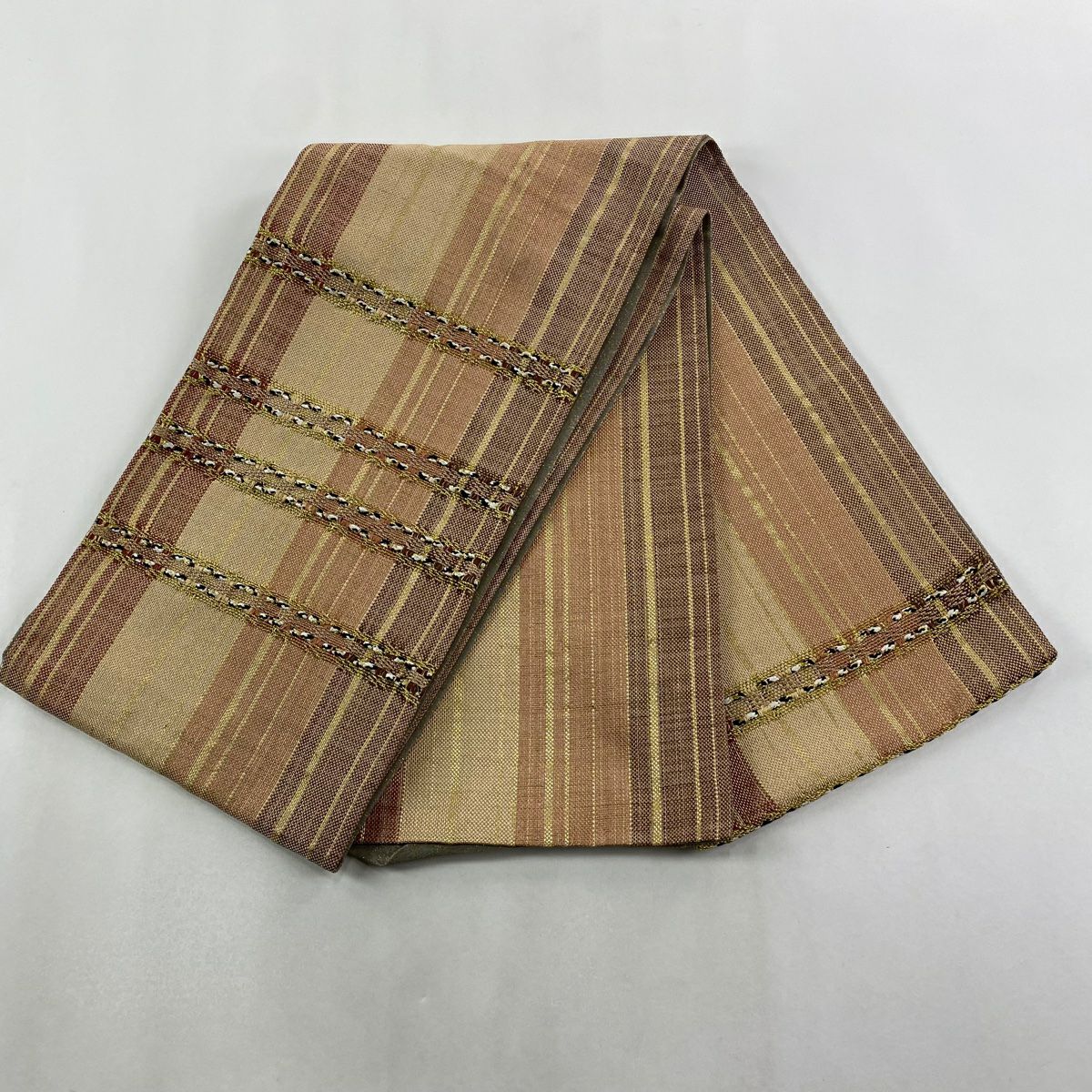 袋帶 秀品級 條紋 幾何學 金絲 米色 大鼓圖案 純蠶絲