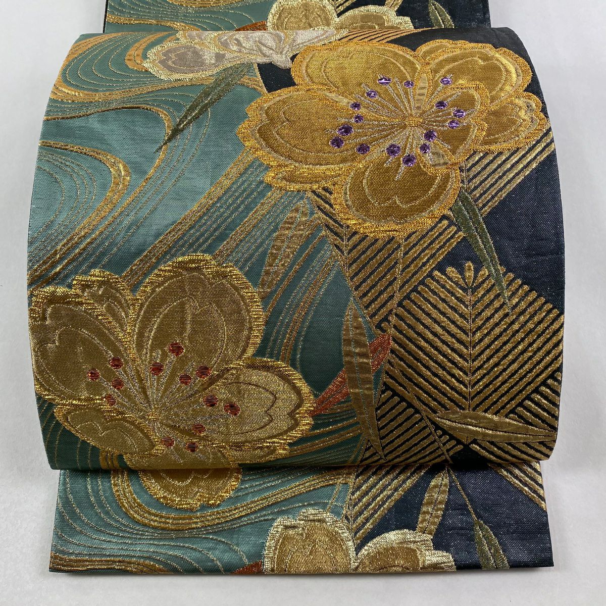 【美品】 袋帶 秀品級 樱花 若松樹 金絲 金金箔 淺綠 六通 純蠶絲