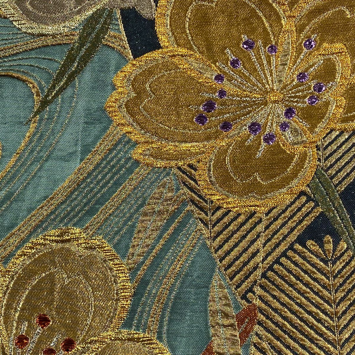 【美品】 袋帶 秀品級 樱花 若松樹 金絲 金金箔 淺綠 六通 純蠶絲