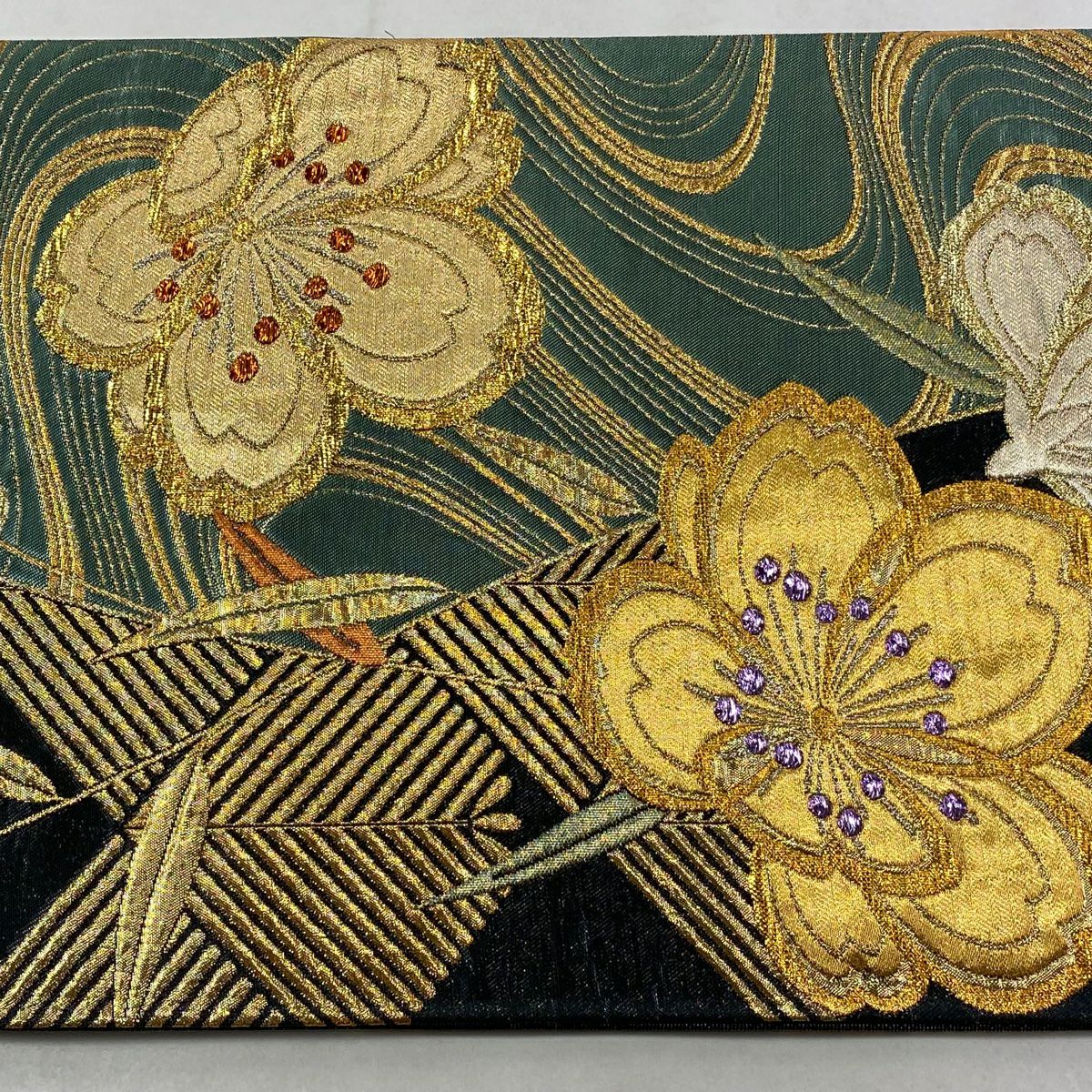【美品】 袋帶 秀品級 樱花 若松樹 金絲 金金箔 淺綠 六通 純蠶絲