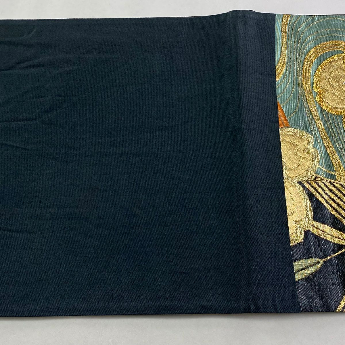 【美品】 袋帶 秀品級 樱花 若松樹 金絲 金金箔 淺綠 六通 純蠶絲