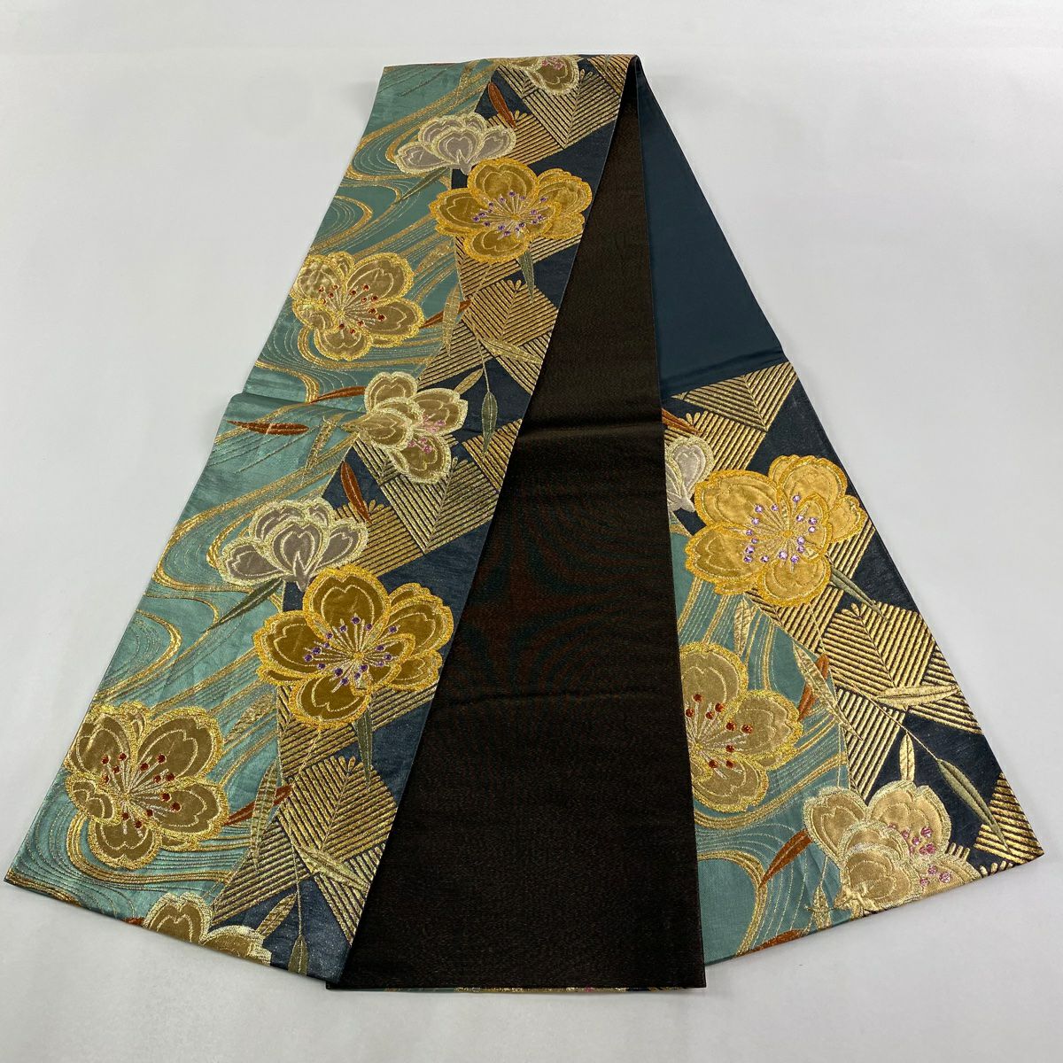【美品】 袋帶 秀品級 樱花 若松樹 金絲 金金箔 淺綠 六通 純蠶絲