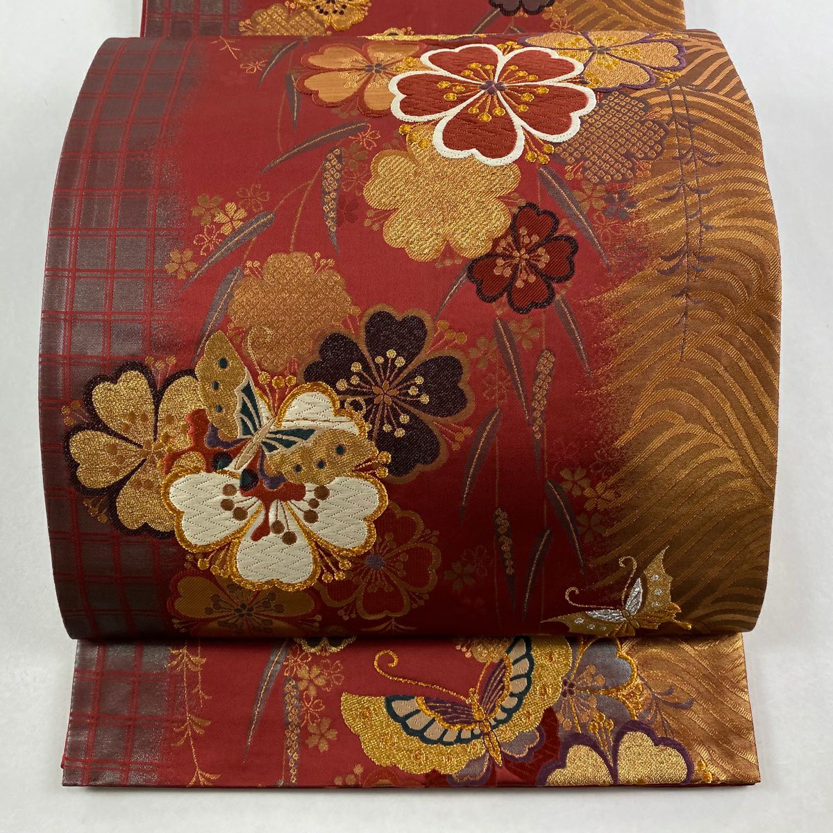 【美品】 袋帶 秀品級櫻花 蝴蝶 金銀彩 金金箔 深紅色 全通 純蠶絲