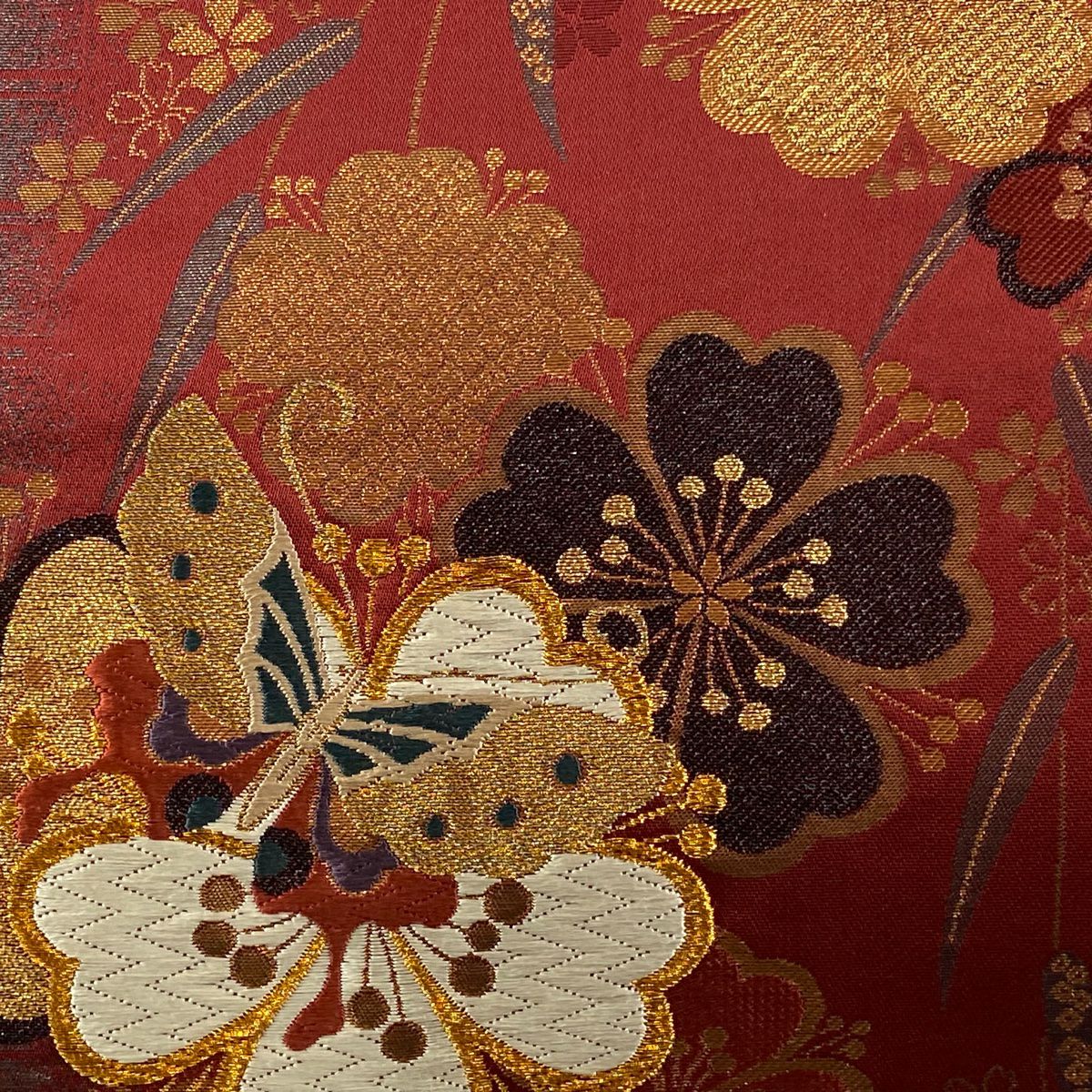 【美品】 袋帶 秀品級櫻花 蝴蝶 金銀彩 金金箔 深紅色 全通 純蠶絲
