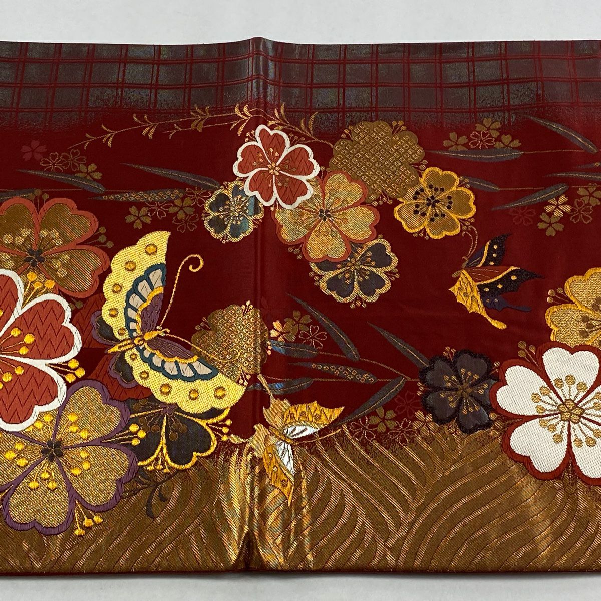 【美品】 袋帶 秀品級櫻花 蝴蝶 金銀彩 金金箔 深紅色 全通 純蠶絲