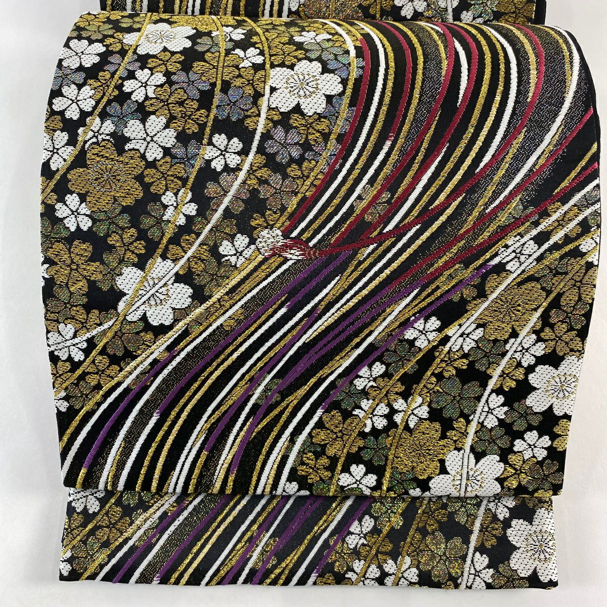 【美品】 袋帶 秀品級 樱花 波 金絲 金金箔 墨色 六通 純蠶絲