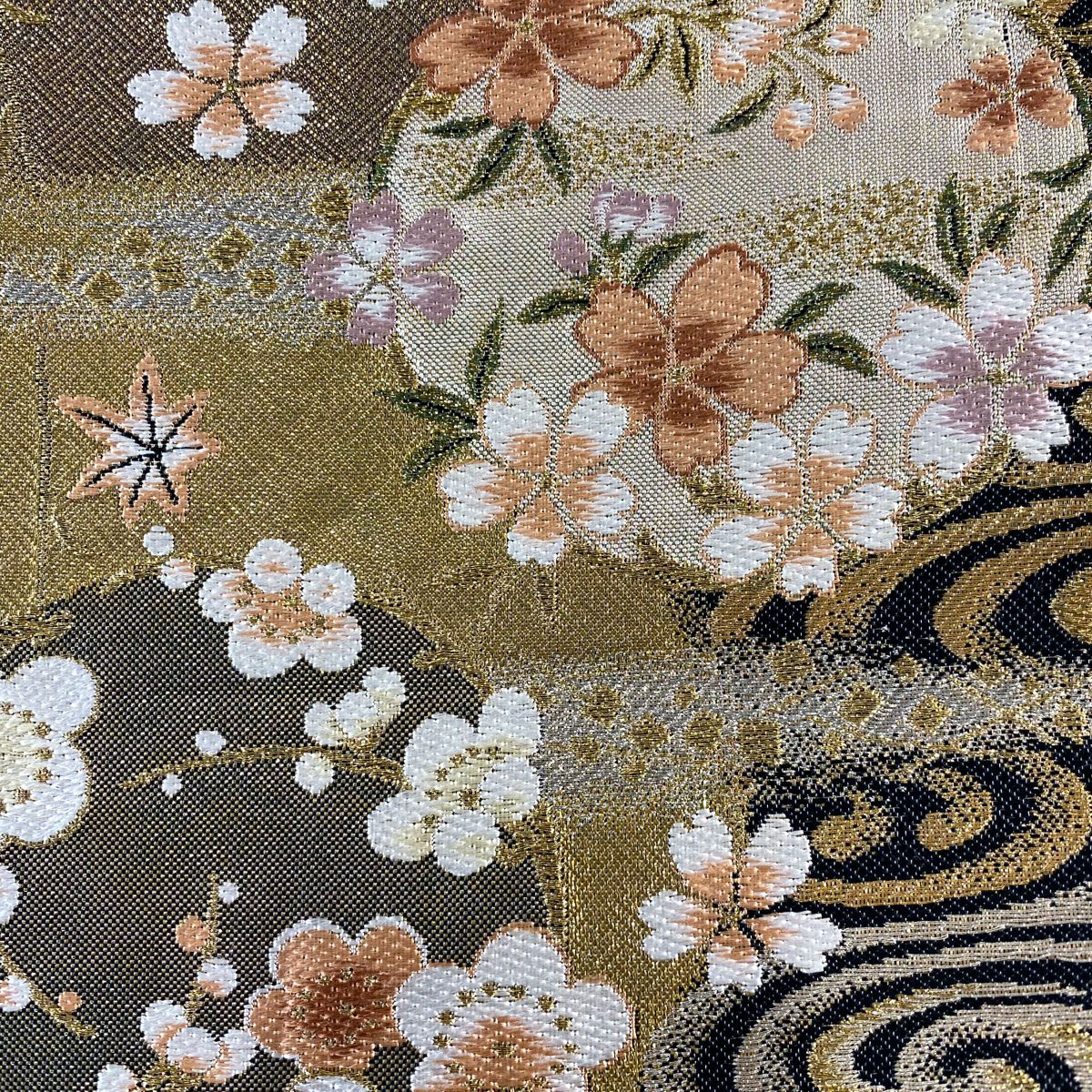 【美品】 袋帶 秀品級 大和 花丸紋 観世水 金銀絲 金金箔 金色 六通 純蠶絲