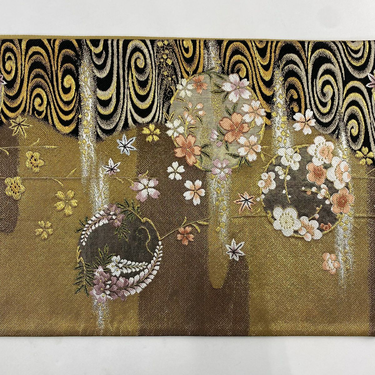 【美品】 袋帶 秀品級 大和 花丸紋 観世水 金銀絲 金金箔 金色 六通 純蠶絲