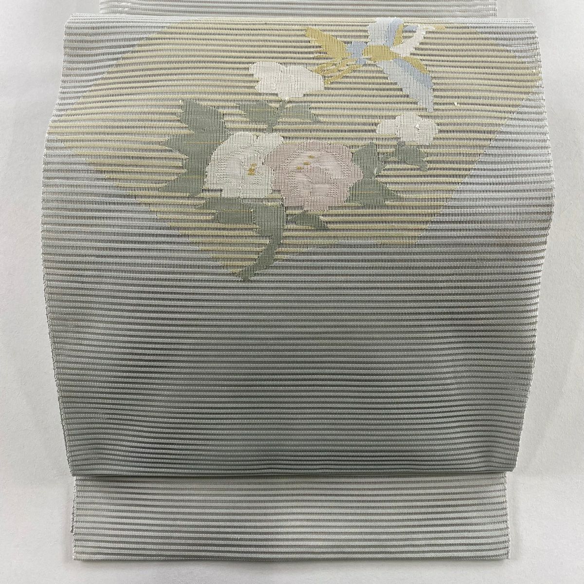 名古屋帶 優品級 夏帶 八寸名古屋帶 松樹葉仕立 單層仕立 草花紋紋 鳥 灰綠 純蠶絲