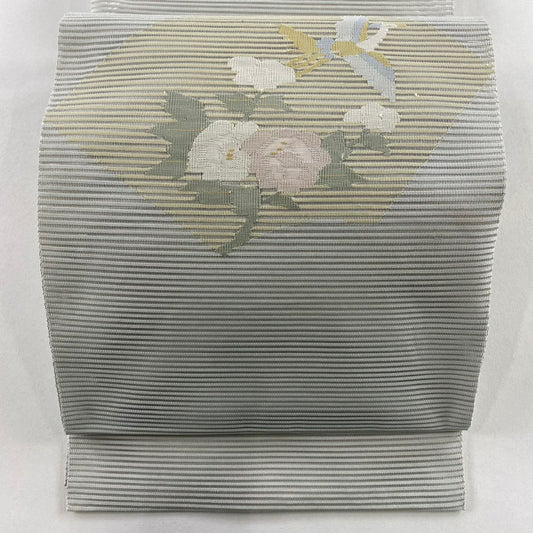 名古屋帶 優品級 夏帶 八寸名古屋帶 松樹葉仕立 單層仕立 草花紋紋 鳥 灰綠 純蠶絲