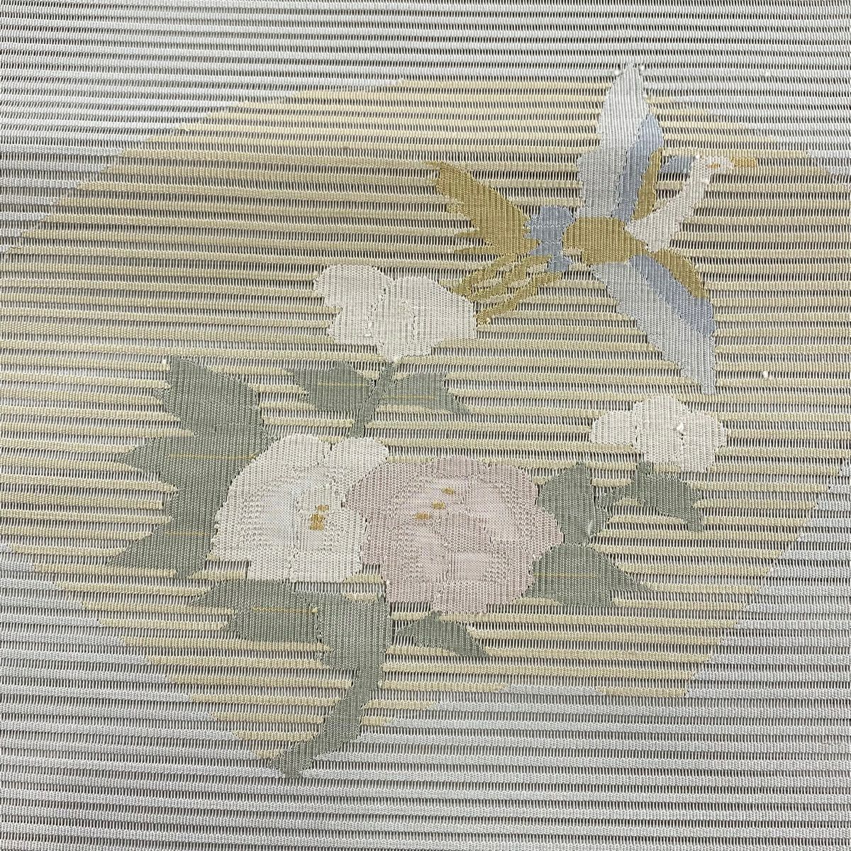 名古屋帶 優品級 夏帶 八寸名古屋帶 松樹葉仕立 單層仕立 草花紋紋 鳥 灰綠 純蠶絲