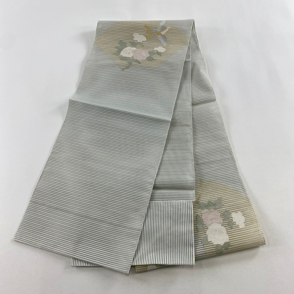 名古屋帶 優品級 夏帶 八寸名古屋帶 松樹葉仕立 單層仕立 草花紋紋 鳥 灰綠 純蠶絲