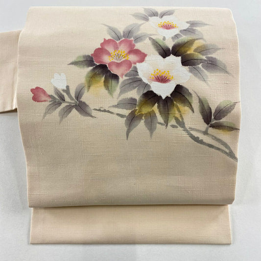 【美品】名古屋帶 秀品級 附落款 紬織織 枝花 米色 純蠶絲
