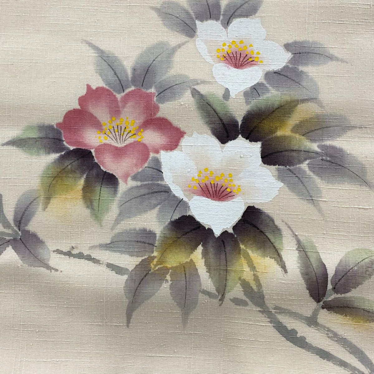 【美品】名古屋帶 秀品級 附落款 紬織織 枝花 米色 純蠶絲