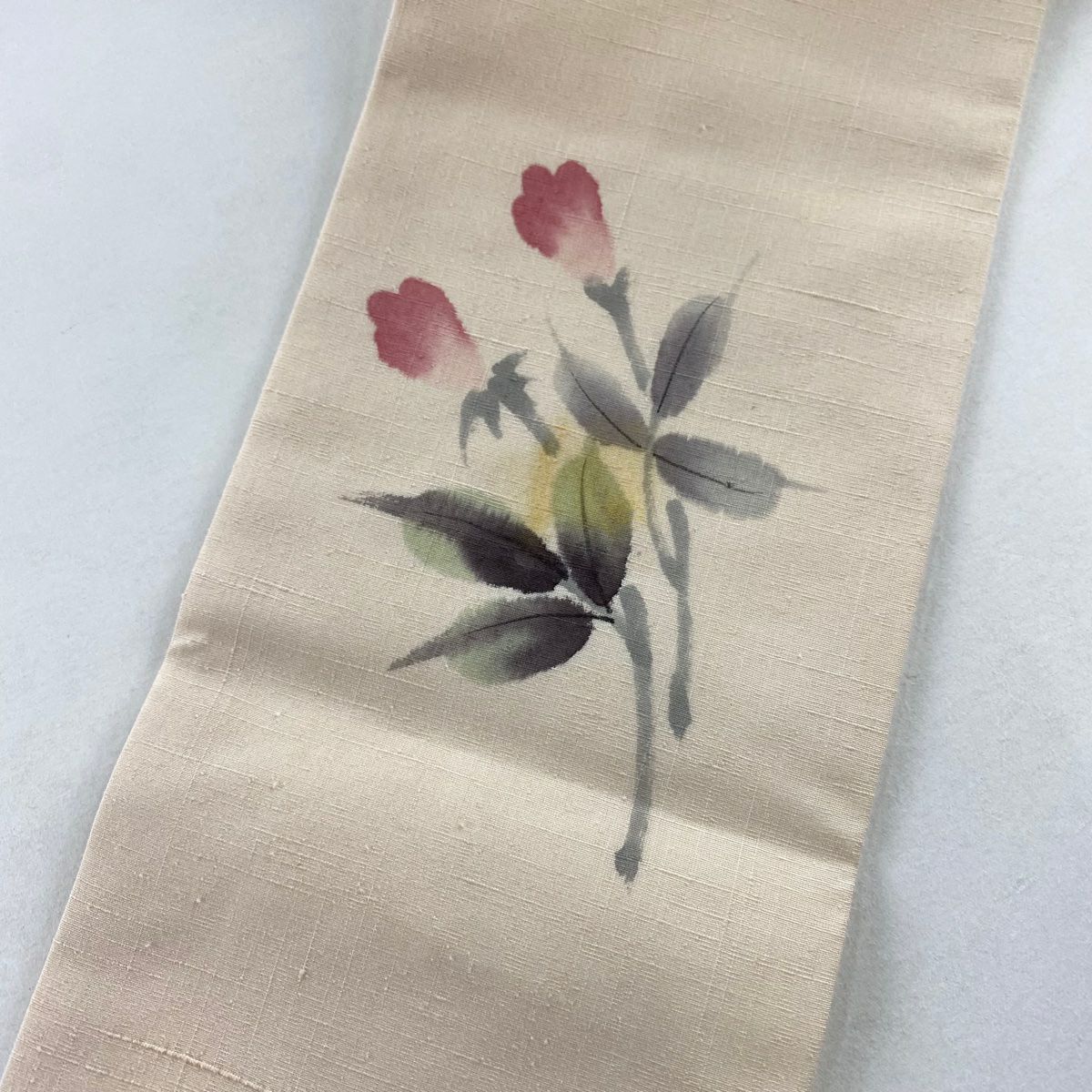 【美品】名古屋帶 秀品級 附落款 紬織織 枝花 米色 純蠶絲