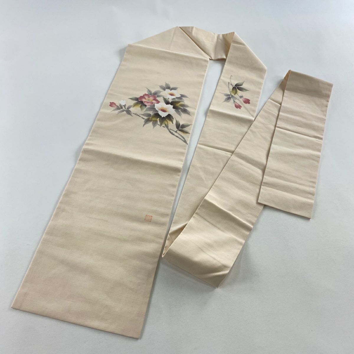 【美品】名古屋帶 秀品級 附落款 紬織織 枝花 米色 純蠶絲