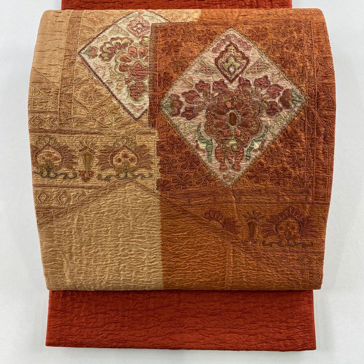 【美品】 袋帶 秀品級 草花紋刺繡 金線 朱紅色 大鼓圖案 純蠶絲