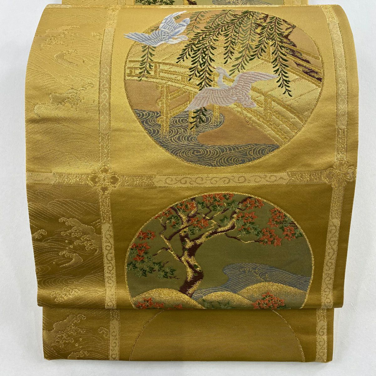 【美品】 袋帶 秀品級 風景 鳥 金絲 金金箔 金色 六通 純蠶絲