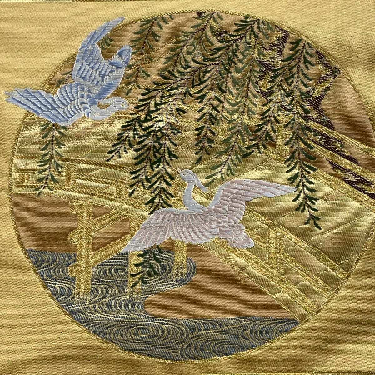 【美品】 袋帶 秀品級 風景 鳥 金絲 金金箔 金色 六通 純蠶絲