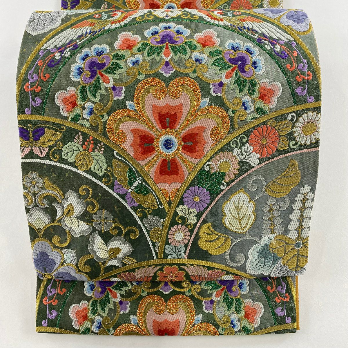【美品】 袋帶 秀品級 青海波 花鳥 金銀彩 金金箔 灰綠 六通 純蠶絲