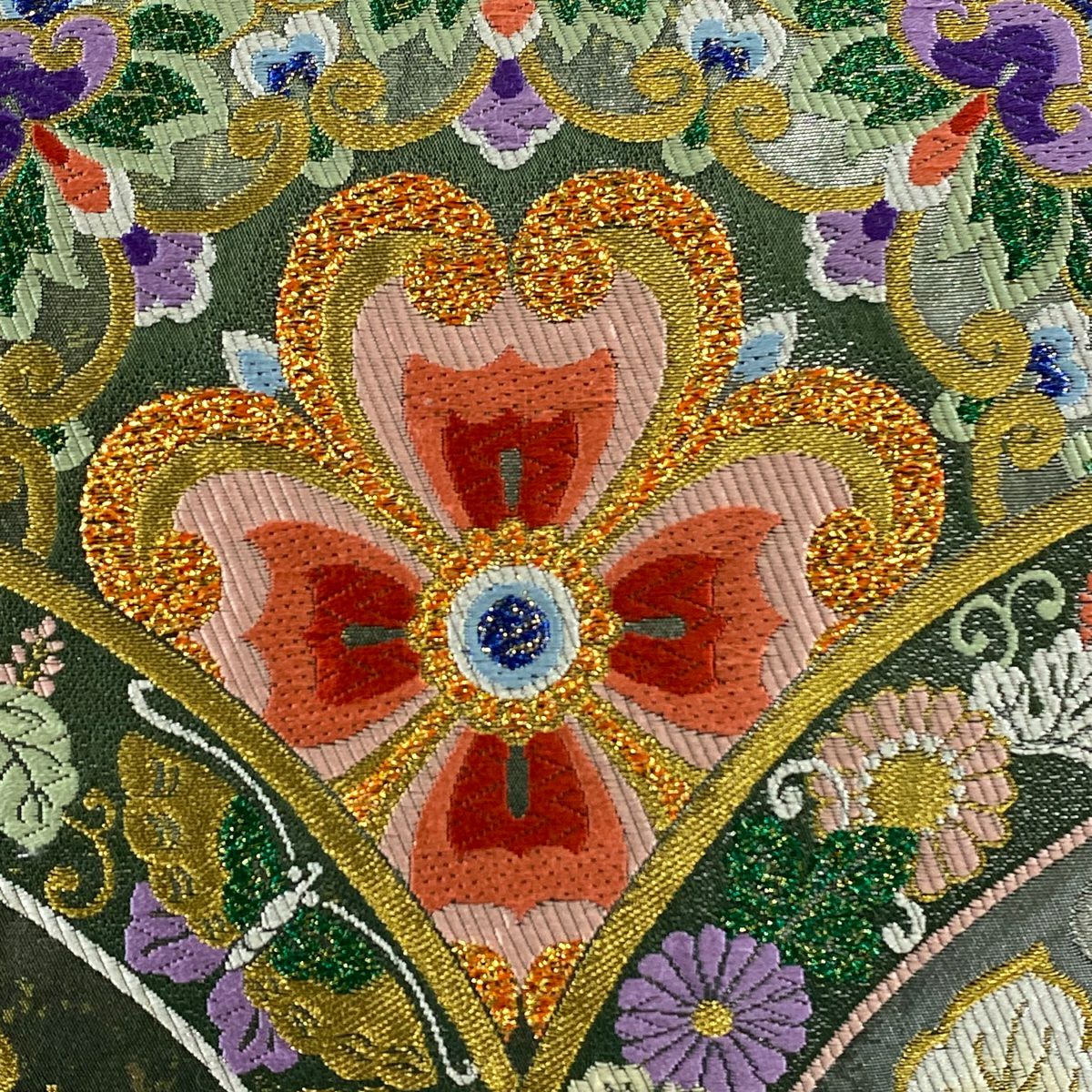 【美品】 袋帶 秀品級 青海波 花鳥 金銀彩 金金箔 灰綠 六通 純蠶絲