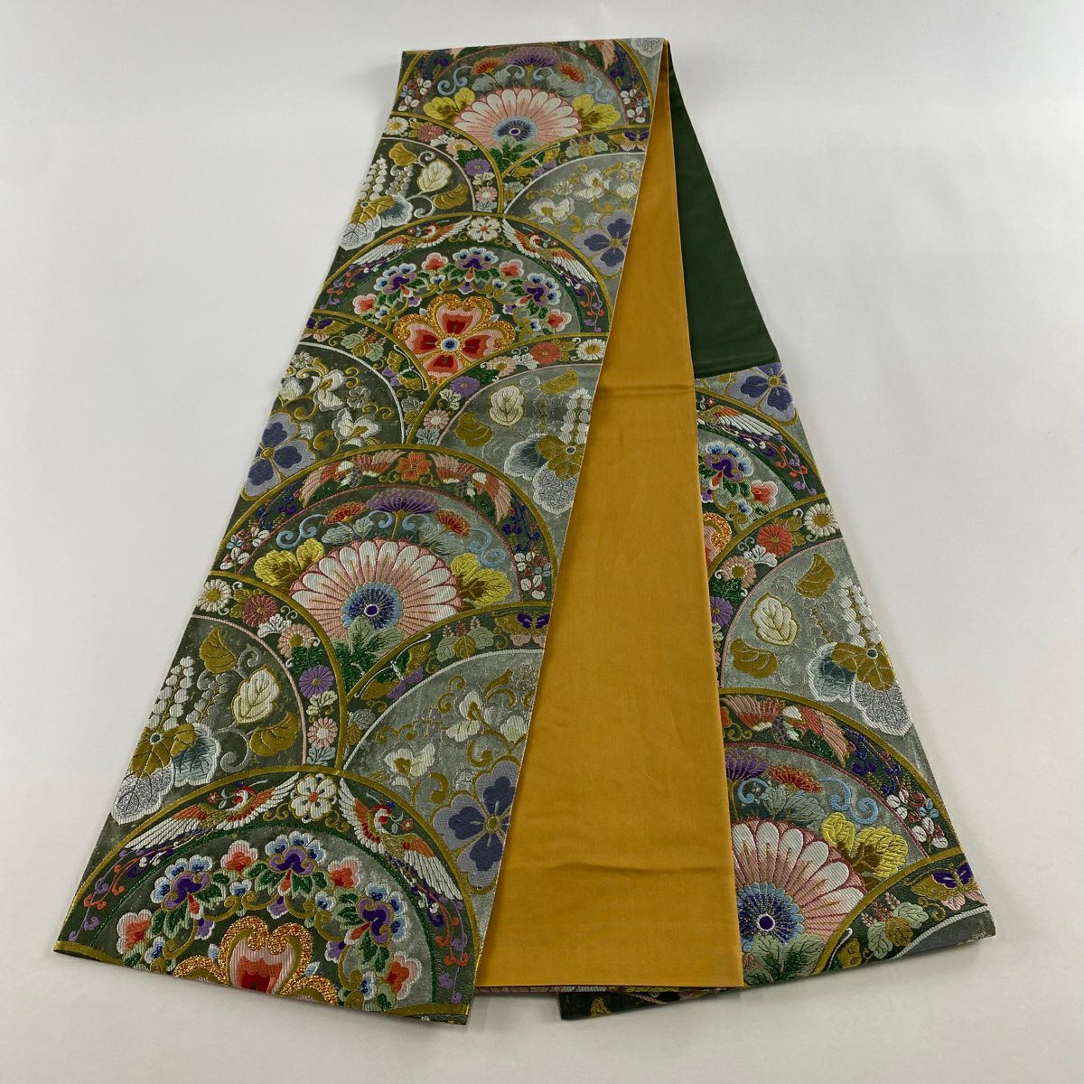 【美品】 袋帶 秀品級 青海波 花鳥 金銀彩 金金箔 灰綠 六通 純蠶絲