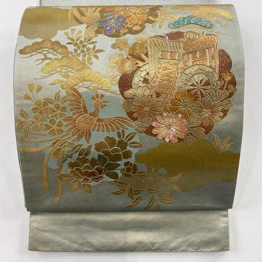 袋帶 秀品級 御所車 花鳥 金銀彩 螺鈿 灰綠 大鼓圖案 純蠶絲