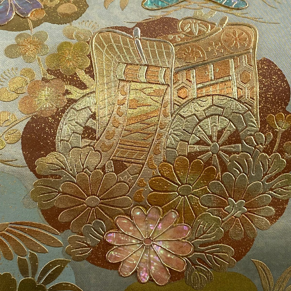 袋帶 秀品級 御所車 花鳥 金銀彩 螺鈿 灰綠 大鼓圖案 純蠶絲