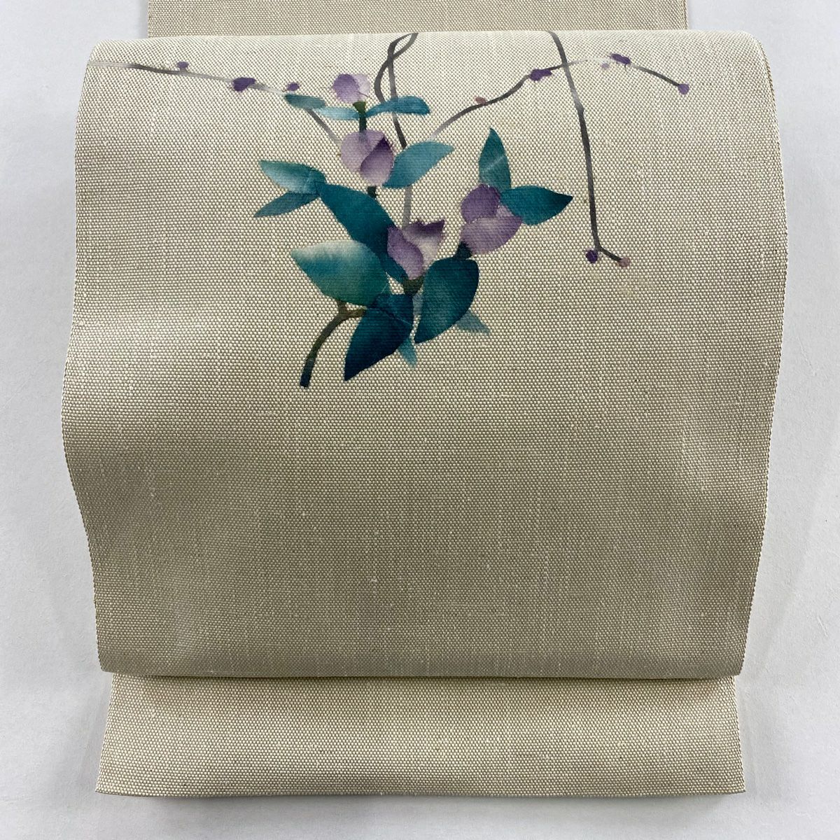【美品】 名古屋帶 優品級 八寸名古屋帶 松樹葉仕立 素材：草花紋紋 顏色：米色 純蠶絲