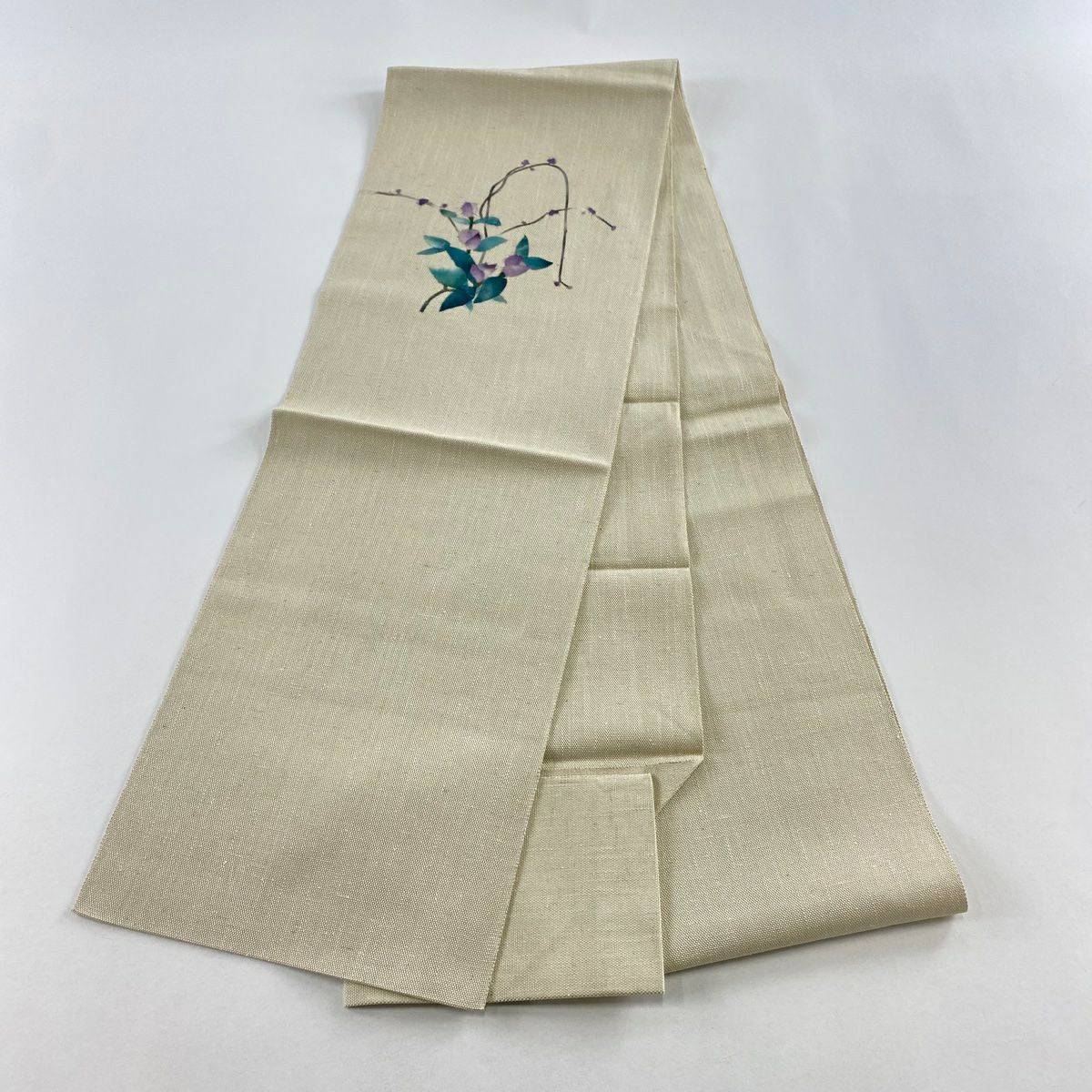 【美品】 名古屋帶 優品級 八寸名古屋帶 松樹葉仕立 素材：草花紋紋 顏色：米色 純蠶絲