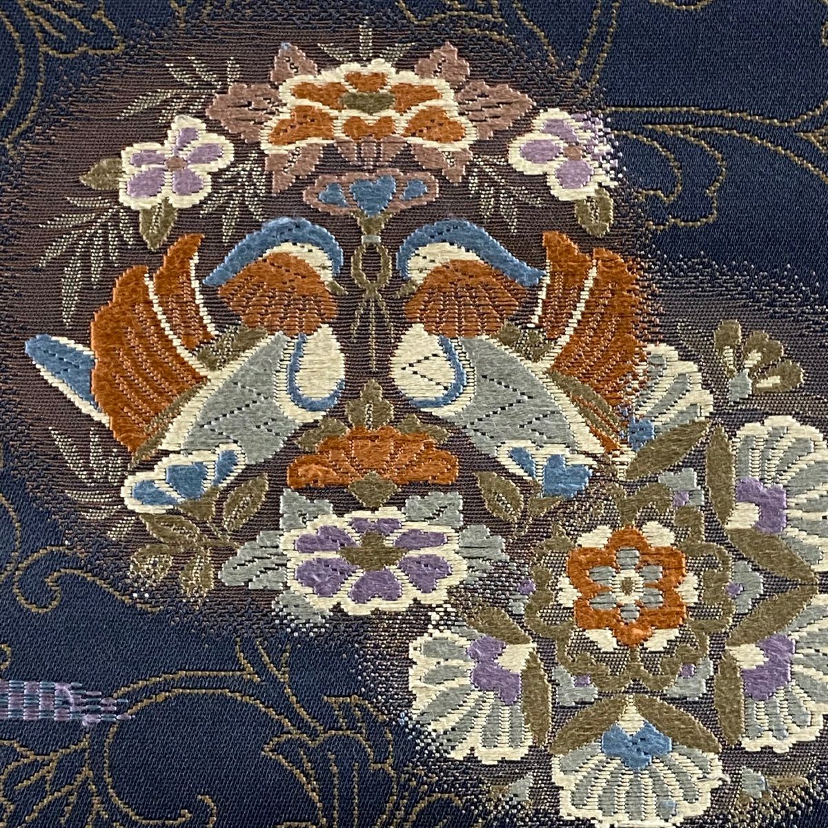 【美品】 袋帶 秀品級 向鳥 草花紋 金糸 金金箔 茶 六通 純蠶絲