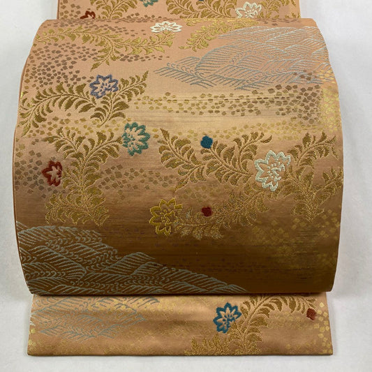 【美品】 開口名古屋帶 優品級 草花紋紋 波紋 金絲 淺茶 純蠶絲