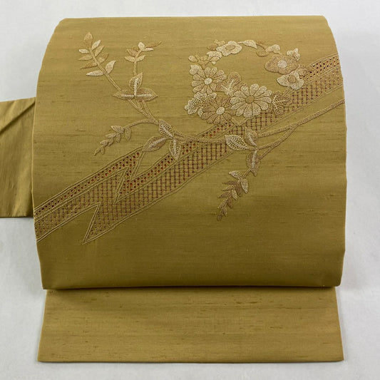 【美品】名古屋帶 秀品級 紬織織 草花紋紋 刺繡 黃土 純蠶絲