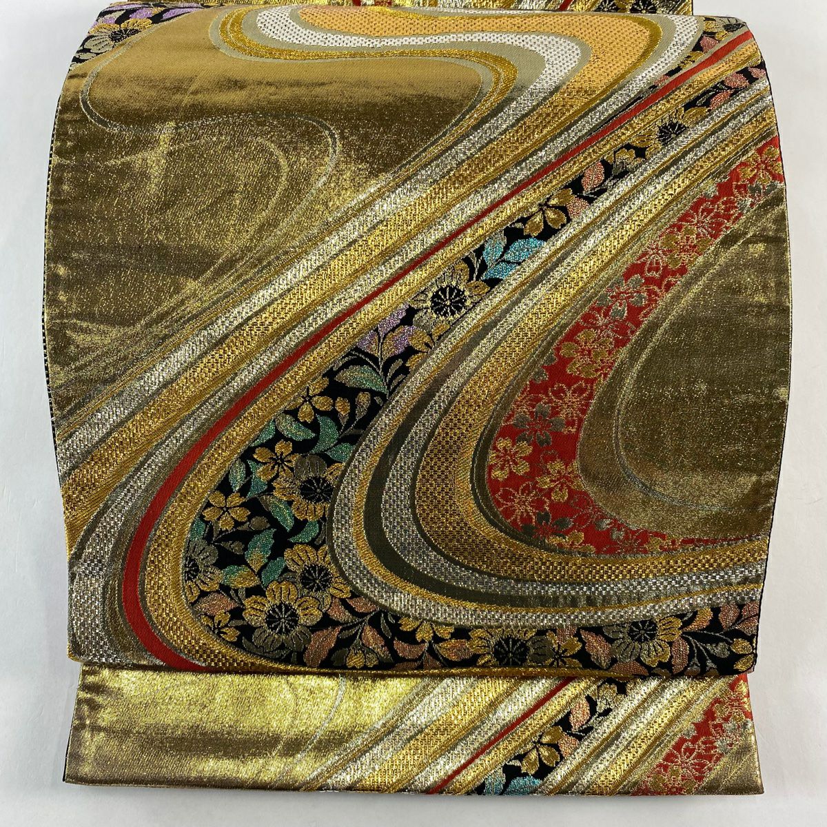 【美品】 袋帶 秀品級 草花紋紋 波 金絲 金金箔 金色 六通 純蠶絲
