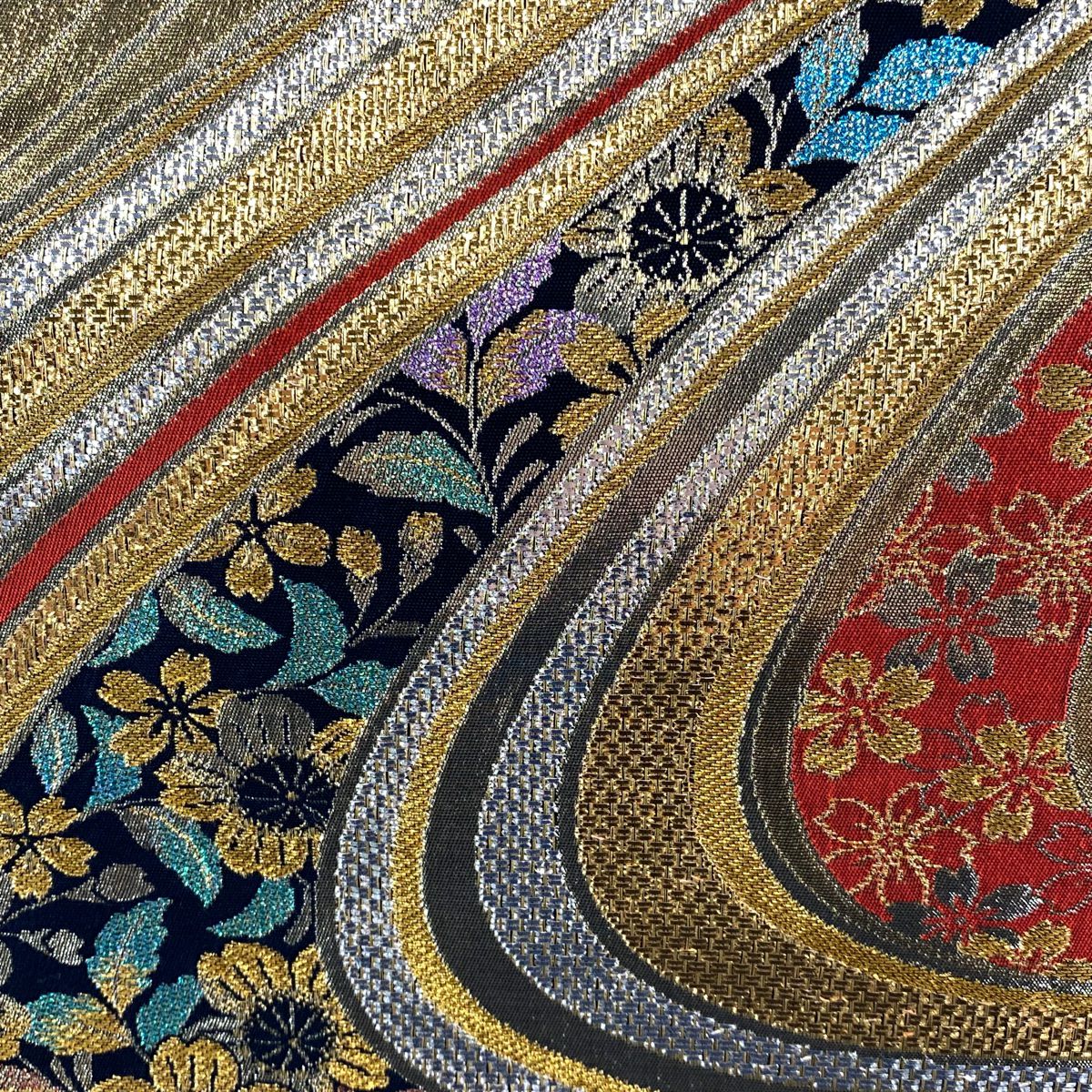 【美品】 袋帶 秀品級 草花紋紋 波 金絲 金金箔 金色 六通 純蠶絲