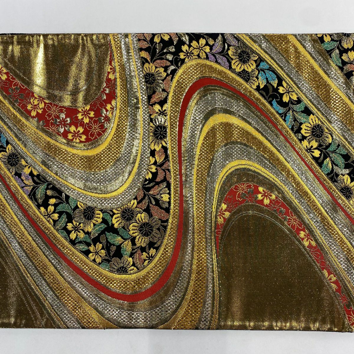 【美品】 袋帶 秀品級 草花紋紋 波 金絲 金金箔 金色 六通 純蠶絲