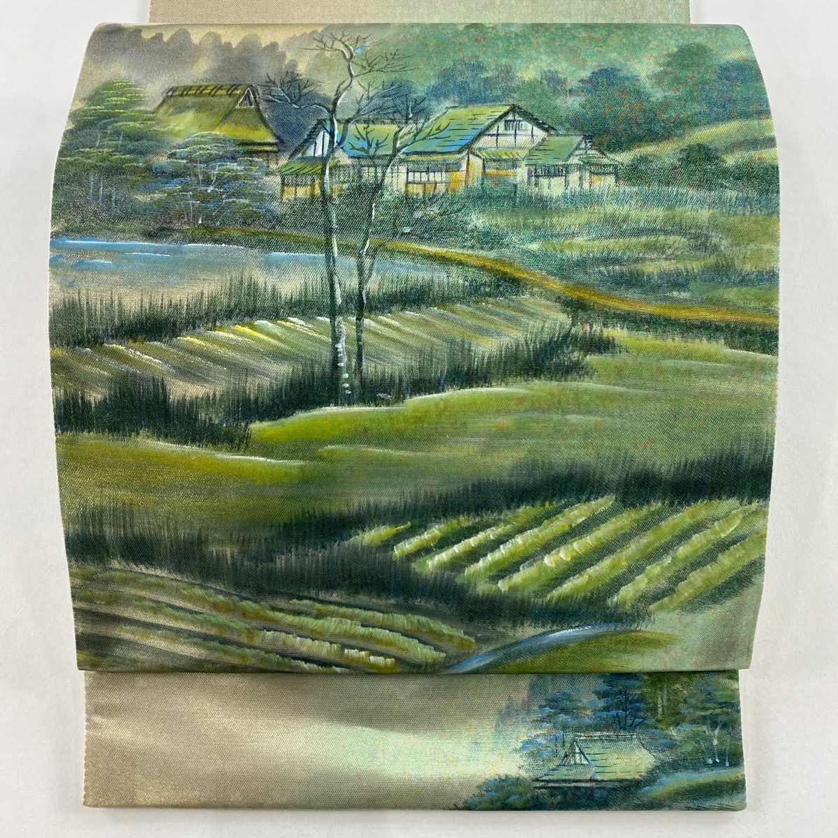 袋帶 秀品級 附有落款 風景 家屋 金金箔 淺綠色 大鼓圖案 純蠶絲