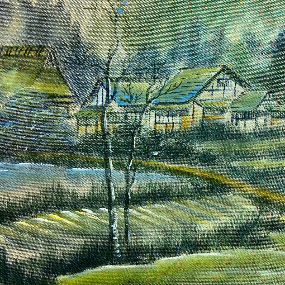袋帶 秀品級 附有落款 風景 家屋 金金箔 淺綠色 大鼓圖案 純蠶絲