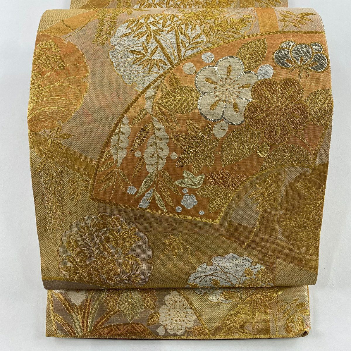 【美品】 袋帶 秀品級 扇子面 雪輪 金絲 金金箔 金色 六通 純蠶絲