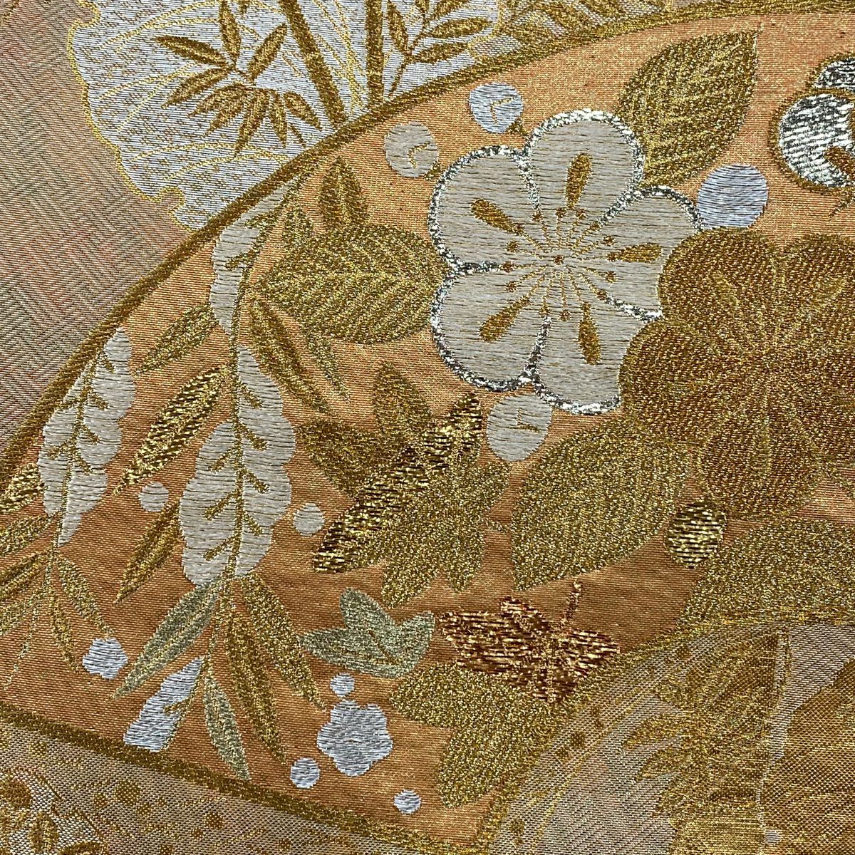 【美品】 袋帶 秀品級 扇子面 雪輪 金絲 金金箔 金色 六通 純蠶絲